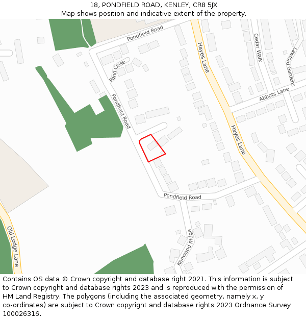18, PONDFIELD ROAD, KENLEY, CR8 5JX: Location map and indicative extent of plot