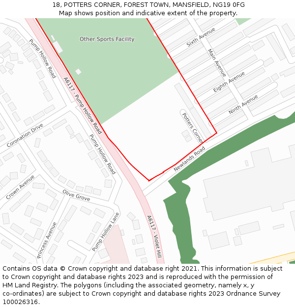 18, POTTERS CORNER, FOREST TOWN, MANSFIELD, NG19 0FG: Location map and indicative extent of plot