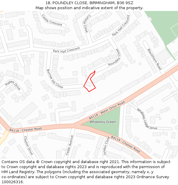 18, POUNDLEY CLOSE, BIRMINGHAM, B36 9SZ: Location map and indicative extent of plot