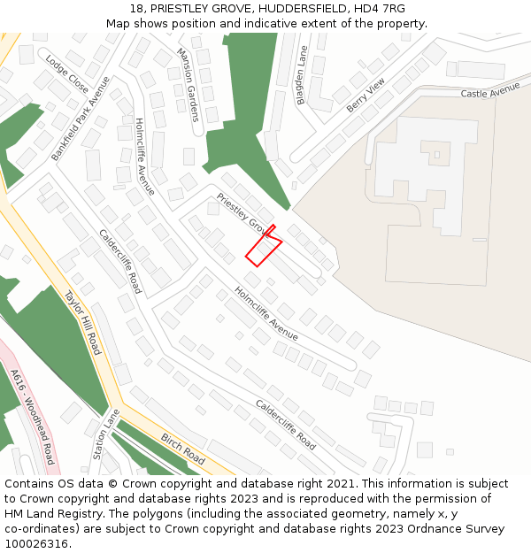 18, PRIESTLEY GROVE, HUDDERSFIELD, HD4 7RG: Location map and indicative extent of plot