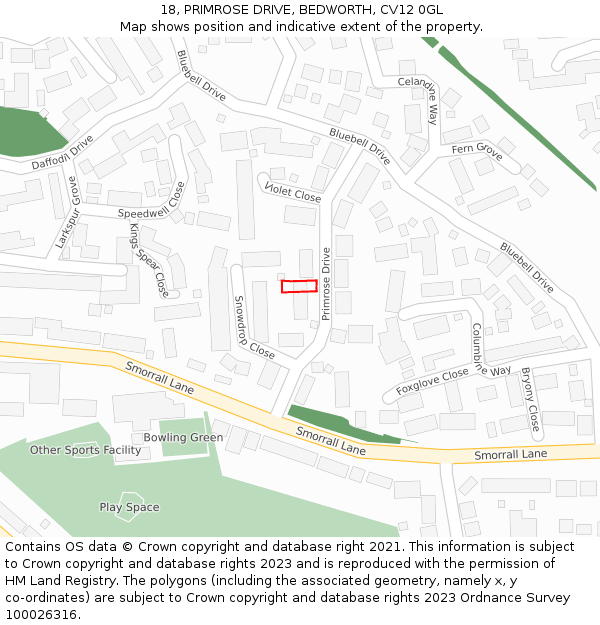 18, PRIMROSE DRIVE, BEDWORTH, CV12 0GL: Location map and indicative extent of plot