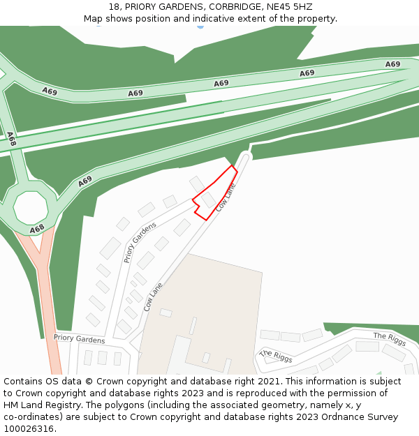 18, PRIORY GARDENS, CORBRIDGE, NE45 5HZ: Location map and indicative extent of plot