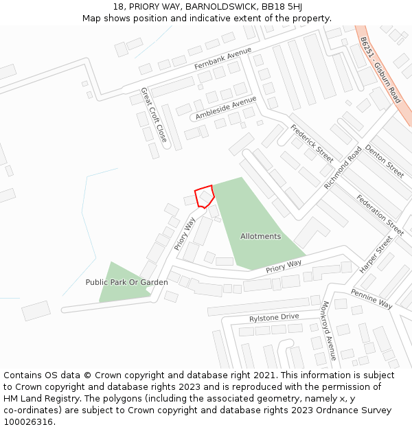 18, PRIORY WAY, BARNOLDSWICK, BB18 5HJ: Location map and indicative extent of plot