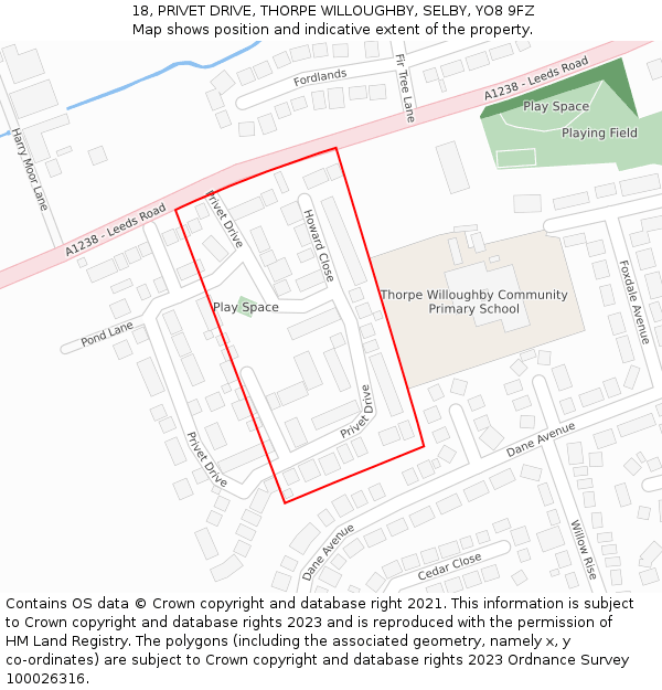 18, PRIVET DRIVE, THORPE WILLOUGHBY, SELBY, YO8 9FZ: Location map and indicative extent of plot