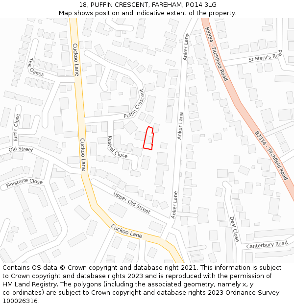 18, PUFFIN CRESCENT, FAREHAM, PO14 3LG: Location map and indicative extent of plot