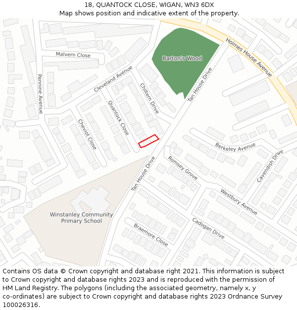 18, QUANTOCK CLOSE, WIGAN, WN3 6DX: Location map and indicative extent of plot