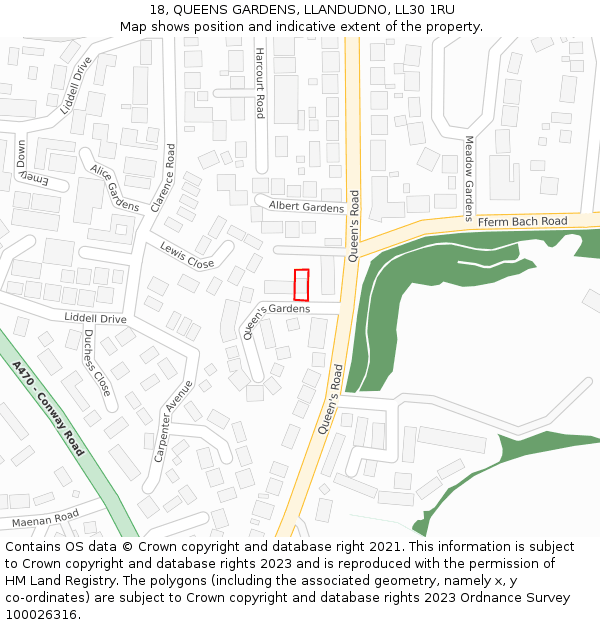 18, QUEENS GARDENS, LLANDUDNO, LL30 1RU: Location map and indicative extent of plot