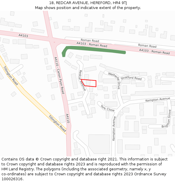 18, REDCAR AVENUE, HEREFORD, HR4 9TJ: Location map and indicative extent of plot