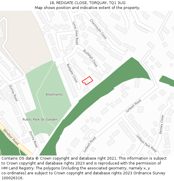 18, REDGATE CLOSE, TORQUAY, TQ1 3UG: Location map and indicative extent of plot