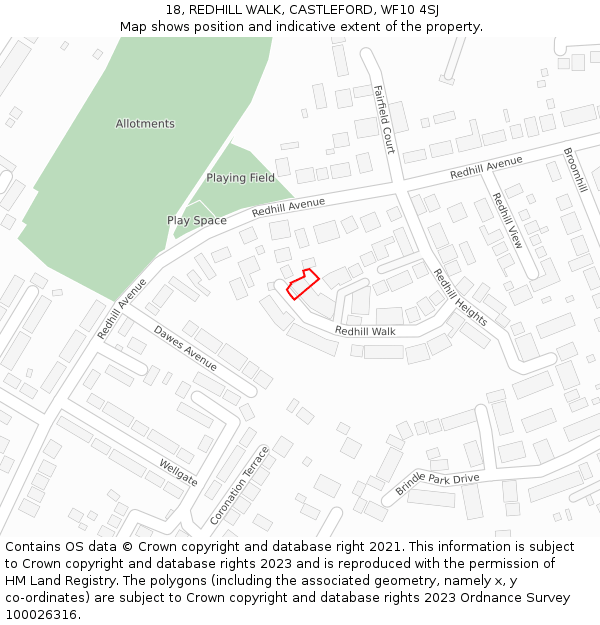 18, REDHILL WALK, CASTLEFORD, WF10 4SJ: Location map and indicative extent of plot