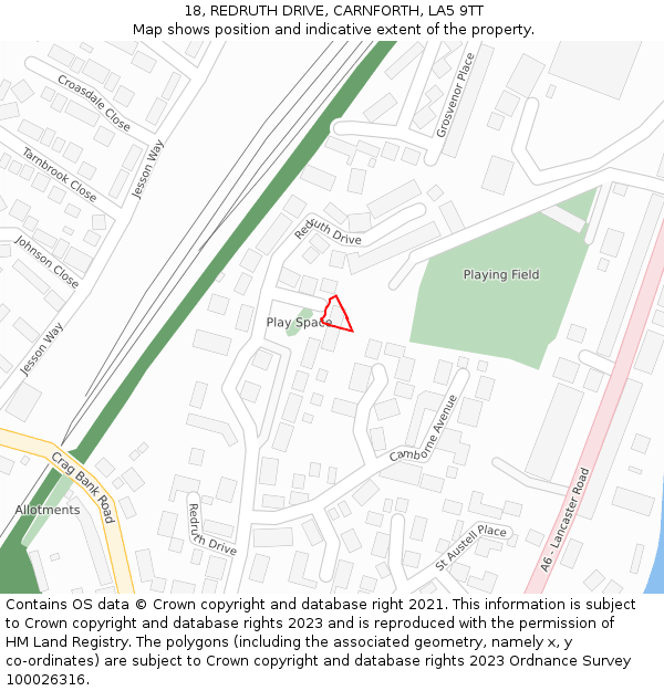 18, REDRUTH DRIVE, CARNFORTH, LA5 9TT: Location map and indicative extent of plot
