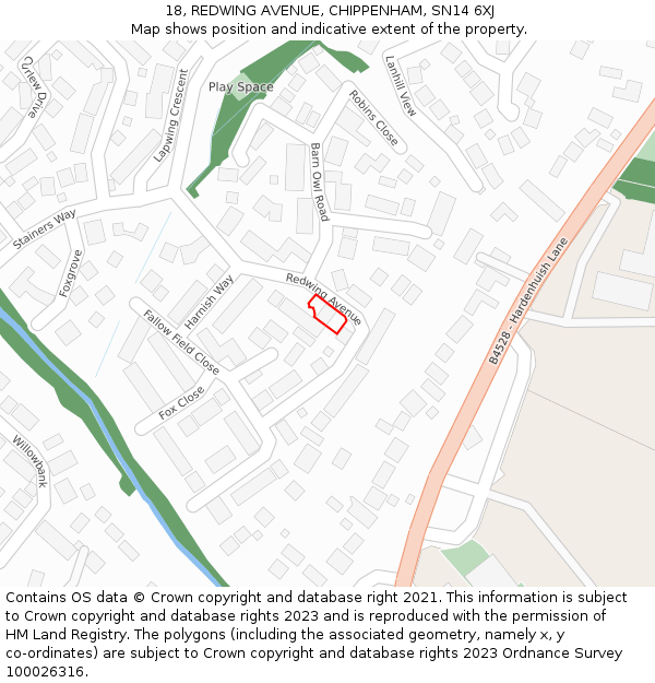 18, REDWING AVENUE, CHIPPENHAM, SN14 6XJ: Location map and indicative extent of plot