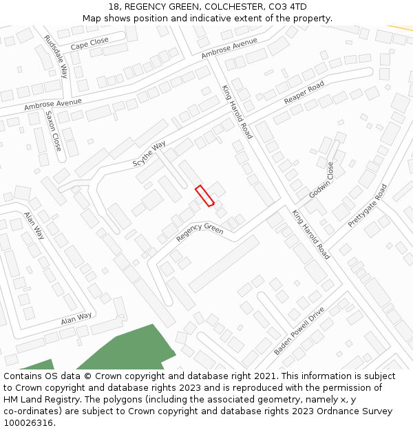 18, REGENCY GREEN, COLCHESTER, CO3 4TD: Location map and indicative extent of plot