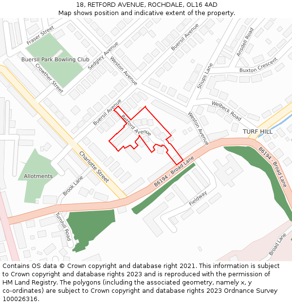 18, RETFORD AVENUE, ROCHDALE, OL16 4AD: Location map and indicative extent of plot