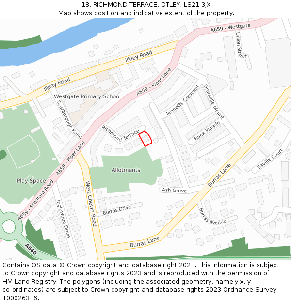 18, RICHMOND TERRACE, OTLEY, LS21 3JX: Location map and indicative extent of plot