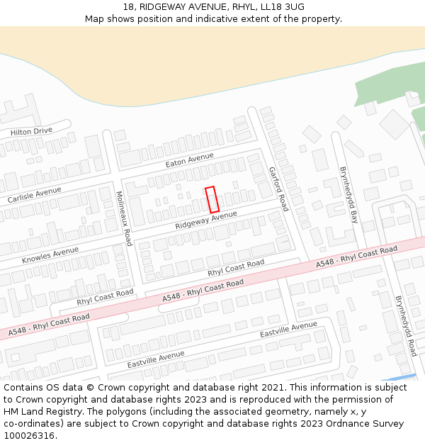 18, RIDGEWAY AVENUE, RHYL, LL18 3UG: Location map and indicative extent of plot