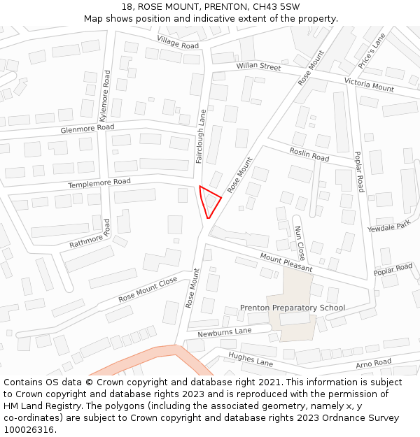 18, ROSE MOUNT, PRENTON, CH43 5SW: Location map and indicative extent of plot