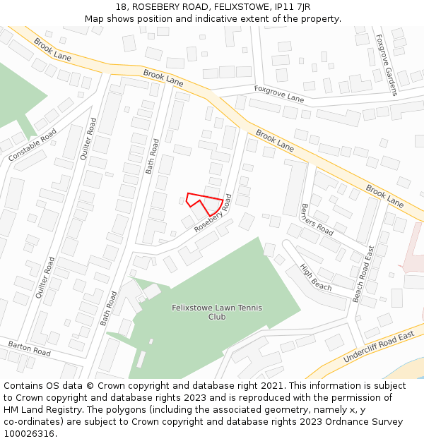 18, ROSEBERY ROAD, FELIXSTOWE, IP11 7JR: Location map and indicative extent of plot