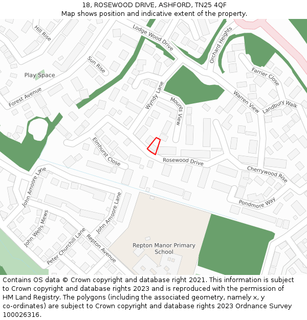 18, ROSEWOOD DRIVE, ASHFORD, TN25 4QF: Location map and indicative extent of plot