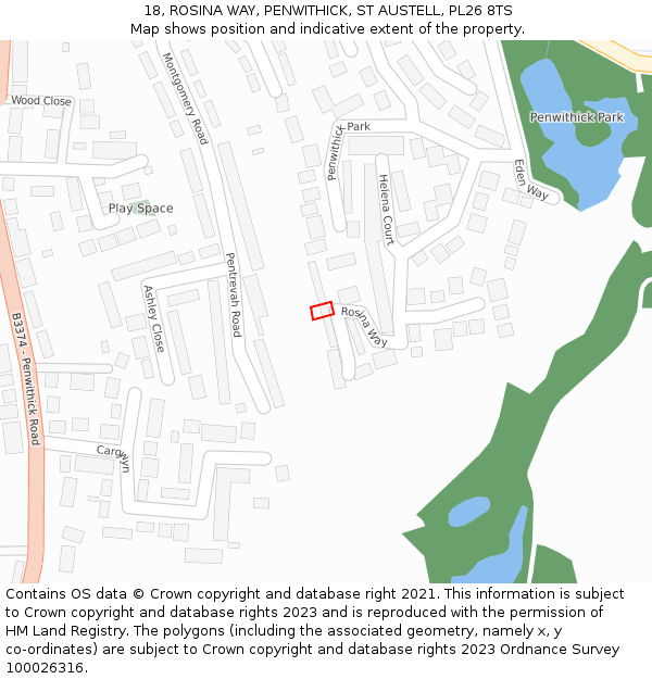 18, ROSINA WAY, PENWITHICK, ST AUSTELL, PL26 8TS: Location map and indicative extent of plot