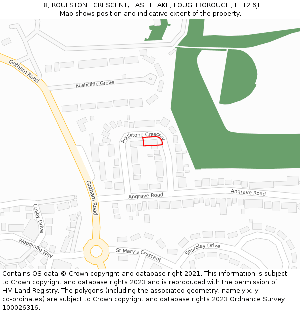 18, ROULSTONE CRESCENT, EAST LEAKE, LOUGHBOROUGH, LE12 6JL: Location map and indicative extent of plot