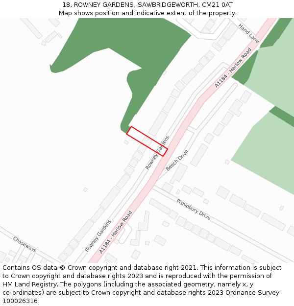 18, ROWNEY GARDENS, SAWBRIDGEWORTH, CM21 0AT: Location map and indicative extent of plot