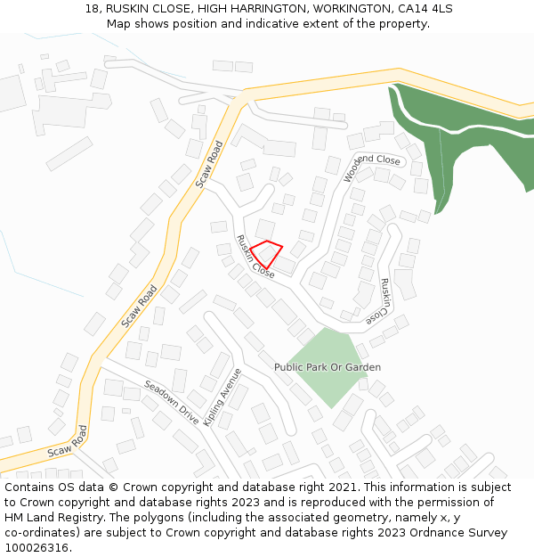 18, RUSKIN CLOSE, HIGH HARRINGTON, WORKINGTON, CA14 4LS: Location map and indicative extent of plot