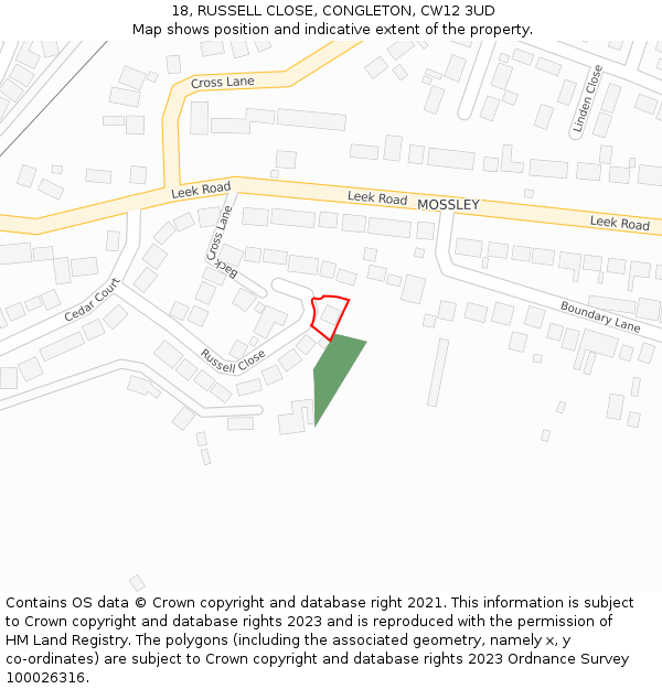 18, RUSSELL CLOSE, CONGLETON, CW12 3UD: Location map and indicative extent of plot