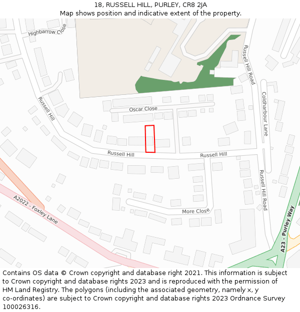 18, RUSSELL HILL, PURLEY, CR8 2JA: Location map and indicative extent of plot