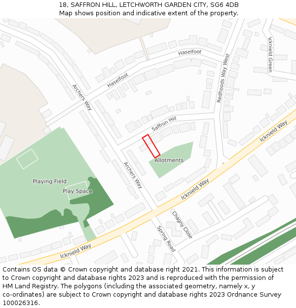 18, SAFFRON HILL, LETCHWORTH GARDEN CITY, SG6 4DB: Location map and indicative extent of plot