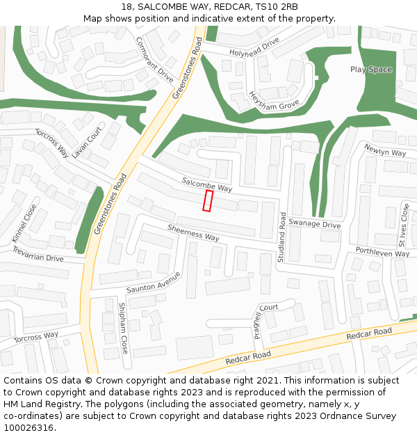 18, SALCOMBE WAY, REDCAR, TS10 2RB: Location map and indicative extent of plot