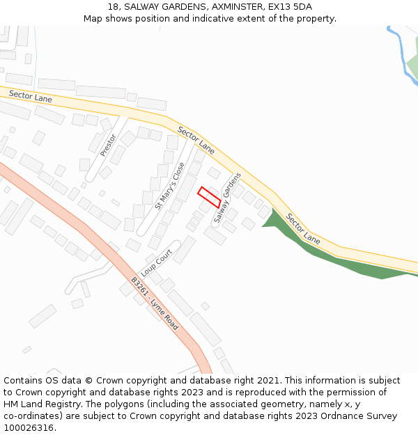 18, SALWAY GARDENS, AXMINSTER, EX13 5DA: Location map and indicative extent of plot