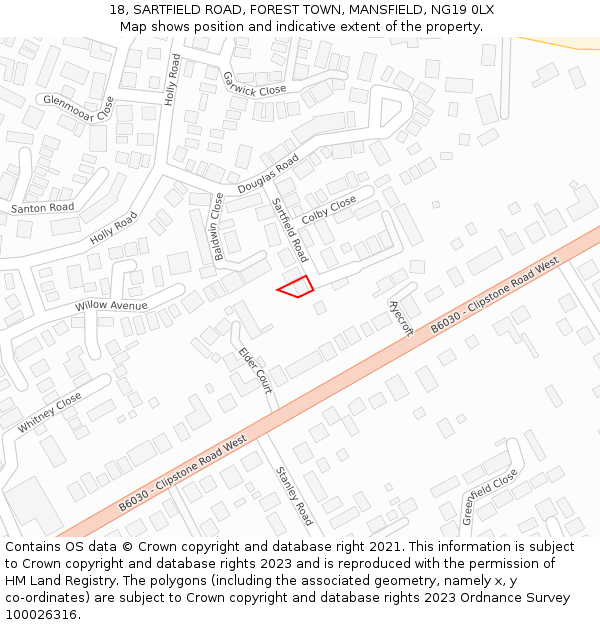 18, SARTFIELD ROAD, FOREST TOWN, MANSFIELD, NG19 0LX: Location map and indicative extent of plot