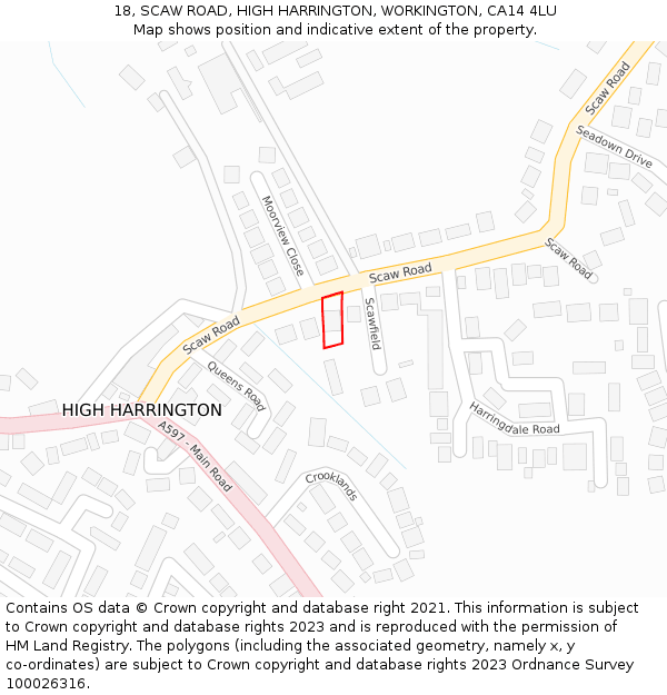 18, SCAW ROAD, HIGH HARRINGTON, WORKINGTON, CA14 4LU: Location map and indicative extent of plot