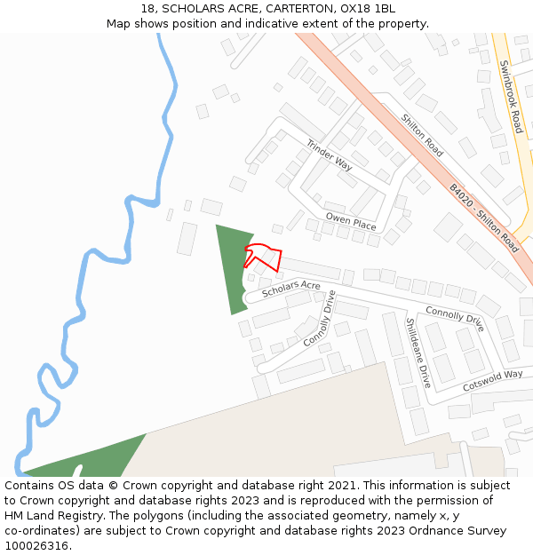 18, SCHOLARS ACRE, CARTERTON, OX18 1BL: Location map and indicative extent of plot