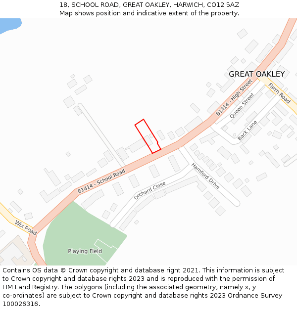 18, SCHOOL ROAD, GREAT OAKLEY, HARWICH, CO12 5AZ: Location map and indicative extent of plot