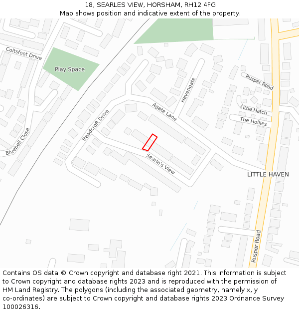 18, SEARLES VIEW, HORSHAM, RH12 4FG: Location map and indicative extent of plot