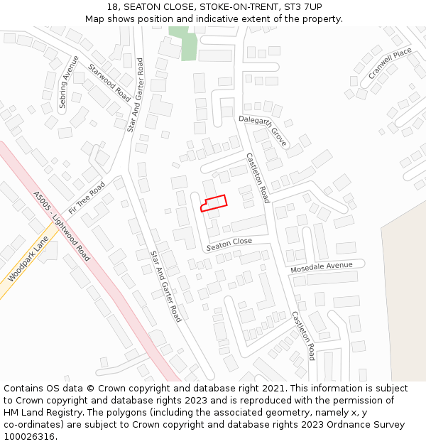 18, SEATON CLOSE, STOKE-ON-TRENT, ST3 7UP: Location map and indicative extent of plot