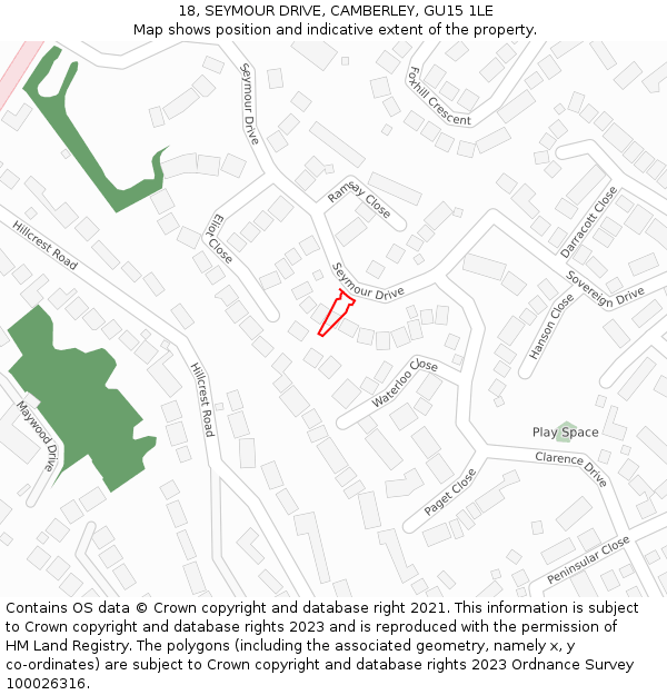 18, SEYMOUR DRIVE, CAMBERLEY, GU15 1LE: Location map and indicative extent of plot