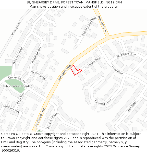 18, SHEARSBY DRIVE, FOREST TOWN, MANSFIELD, NG19 0RN: Location map and indicative extent of plot