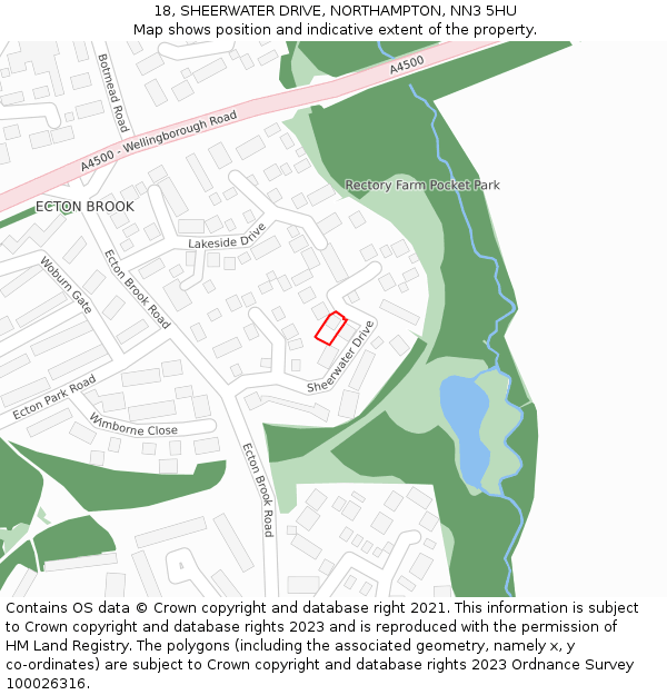 18, SHEERWATER DRIVE, NORTHAMPTON, NN3 5HU: Location map and indicative extent of plot