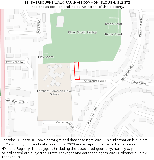 18, SHERBOURNE WALK, FARNHAM COMMON, SLOUGH, SL2 3TZ: Location map and indicative extent of plot