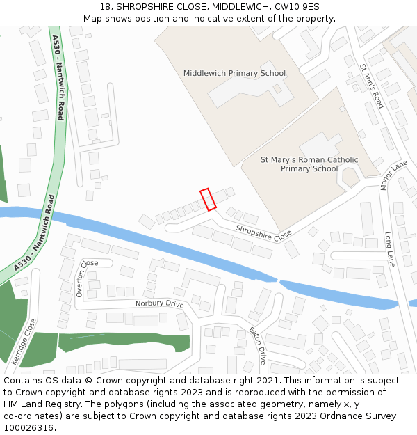 18, SHROPSHIRE CLOSE, MIDDLEWICH, CW10 9ES: Location map and indicative extent of plot