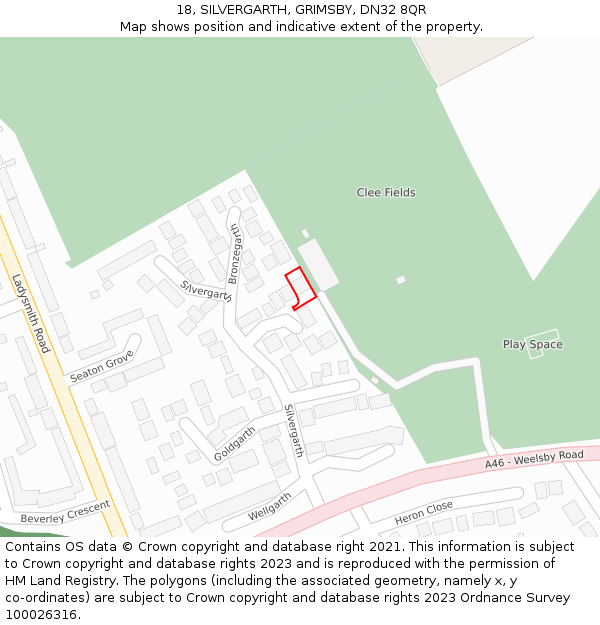 18, SILVERGARTH, GRIMSBY, DN32 8QR: Location map and indicative extent of plot