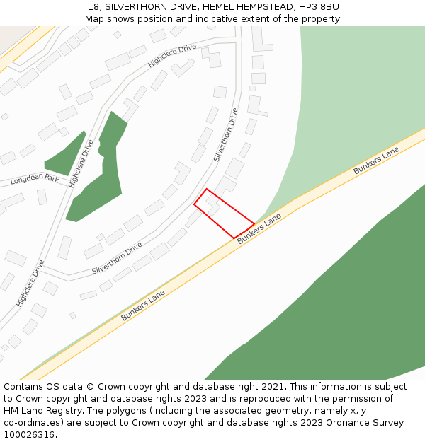 18, SILVERTHORN DRIVE, HEMEL HEMPSTEAD, HP3 8BU: Location map and indicative extent of plot
