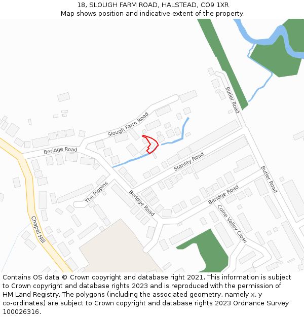 18, SLOUGH FARM ROAD, HALSTEAD, CO9 1XR: Location map and indicative extent of plot