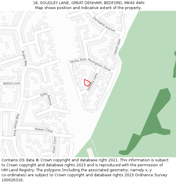 18, SOUDLEY LANE, GREAT DENHAM, BEDFORD, MK40 4WN: Location map and indicative extent of plot