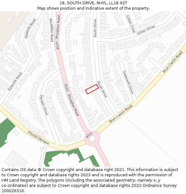 18, SOUTH DRIVE, RHYL, LL18 4ST: Location map and indicative extent of plot