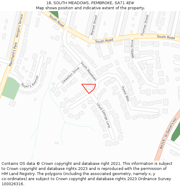 18, SOUTH MEADOWS, PEMBROKE, SA71 4EW: Location map and indicative extent of plot
