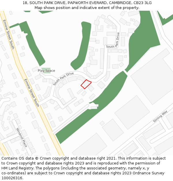 18, SOUTH PARK DRIVE, PAPWORTH EVERARD, CAMBRIDGE, CB23 3LG: Location map and indicative extent of plot
